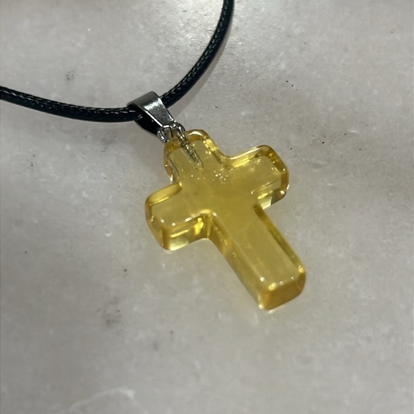 Elles Gallery Jewelry - Yellow Cross Resin Pendant on Black Wax Cord Necklace